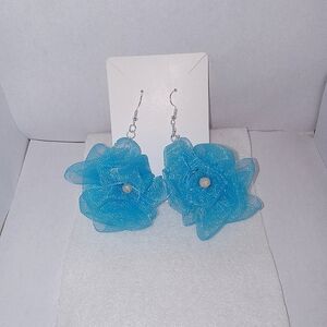 Flower Earrings Ocean Blue Luninescent Pierced Handcrafted 1 of a Kind